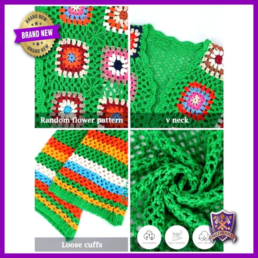 Crochet Cardigan Sweater, Boho Floral Pattern, Open Front, Recycled Material - Picture 4 of 7